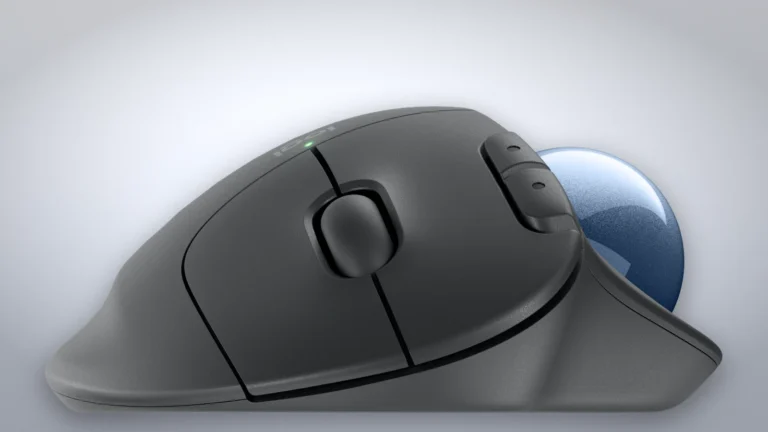 Front view of the Logitech ERGO M575S showing the split left and right buttons, scroll wheel and side keys