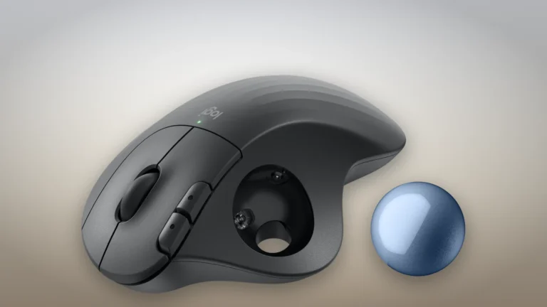 Logitech ERGO M575S with its blue ball removed and placed beside the body, showing the empty ball cavity