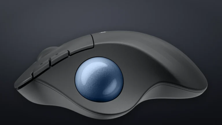 Thumb side of the Logitech ERGO M575S with the blue trackball in the center and the back and forward keys at the edge