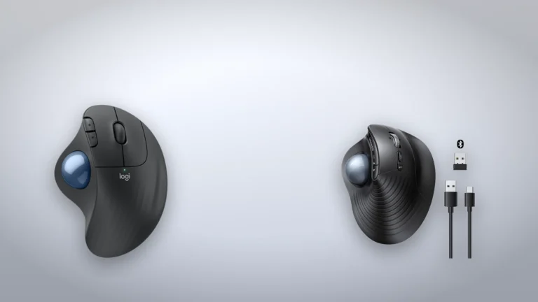 Logitech ERGO M575S seen from above beside the UGREEN M785DR trackball with its receiver and cable, not to scale