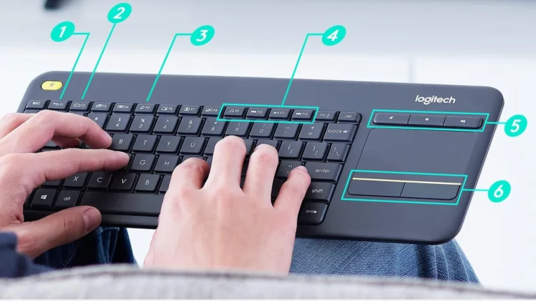 Logitech K400 Plus held on a lap with Logitech's numbered markers pointing at the back key, home key, search key, media keys, volume keys and click zones