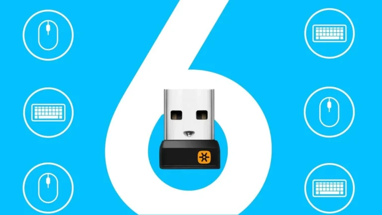 The black and silver Logitech Unifying USB receiver supplied with the K400 Plus, shown against Logitech's graphic for six paired devices