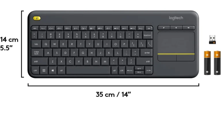 Logitech size diagram of the K400 Plus marked 14 cm deep and 35 cm wide, with the Unifying receiver and two AA batteries beside it