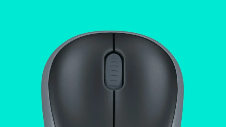 Close-up of the Logitech M185 front section showing the ribbed grey scroll wheel between two equal-sized main buttons, with no additional controls
