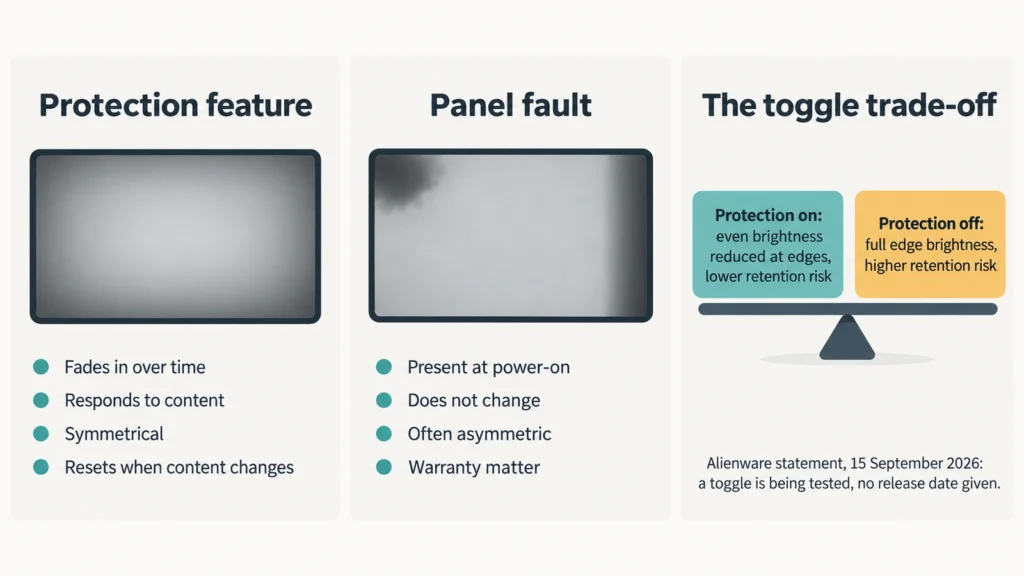 Three-panel diagram comparing a deliberate OLED protection feature, a genuine panel fault, and the trade-off created by a user toggle