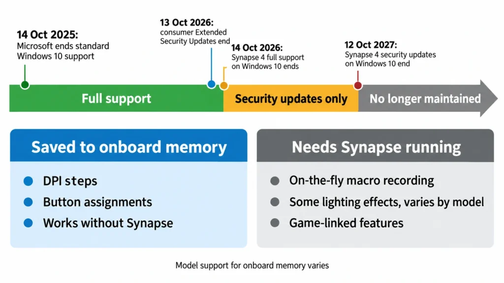 Timeline of Razer Synapse 4 support on Windows 10 from full support to security updates only to no maintenance, with a panel showing which settings work without the app.