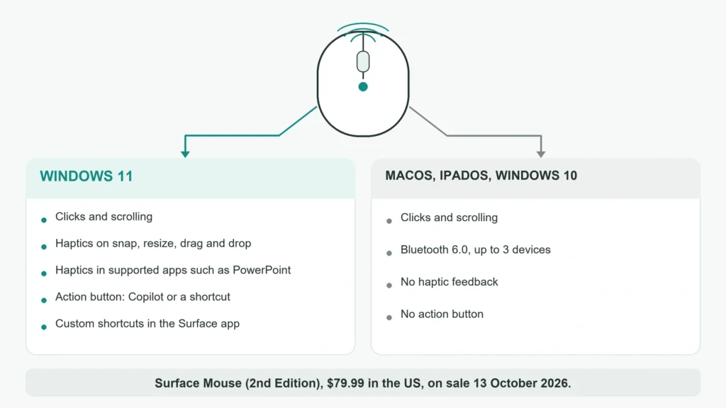 Diagram showing which Surface Mouse 2nd Edition features work on Windows 11 and which fall back to basic mouse functions on macOS, iPadOS and Windows 10