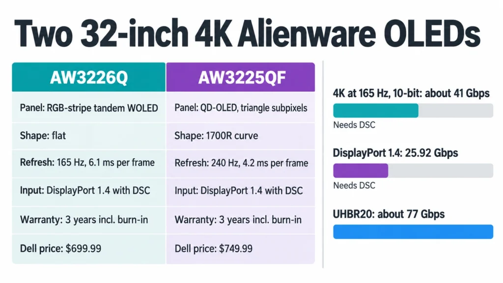 Side-by-side chart of the Alienware AW3226Q and AW3225QF with panel type, shape, refresh rate, DisplayPort bandwidth and price.