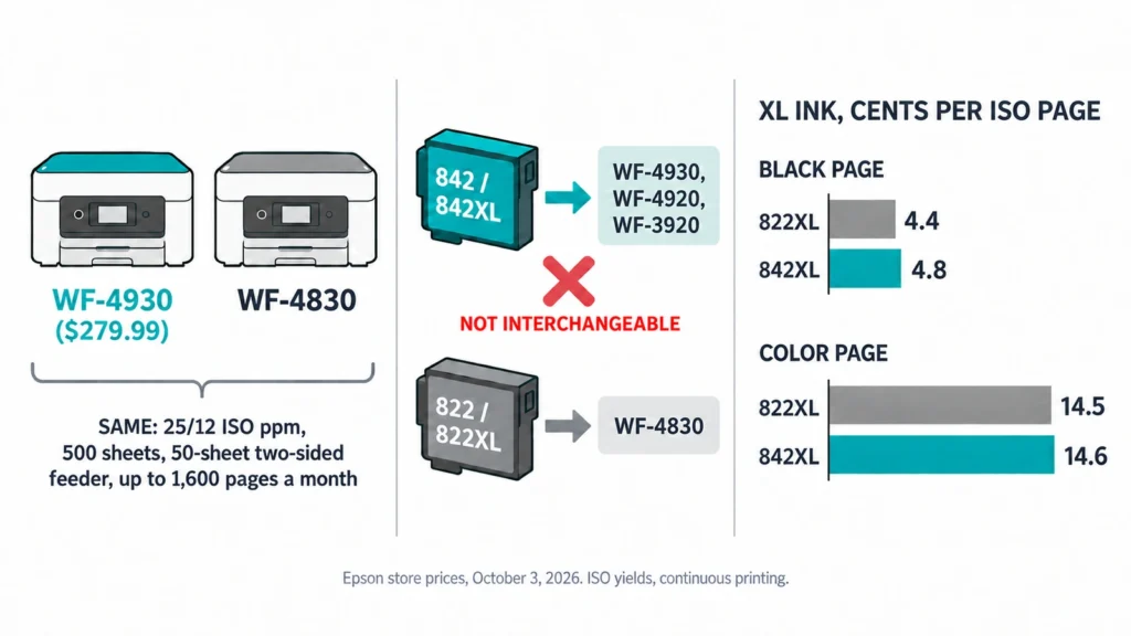 Diagram comparing the Epson WF-4930 and WF-4830, showing matching speed and paper specs, the cartridge series each accepts, and the cost per page of 842XL and 822XL ink.