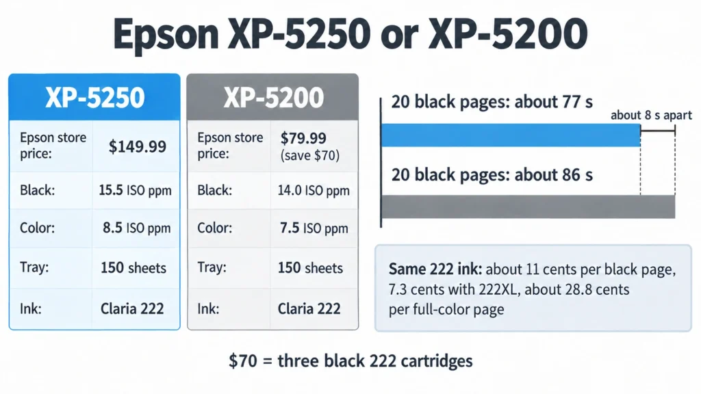 Comparison of the Epson XP-5250 and XP-5200 showing price, ISO print speed, the seconds saved on a 20-page job, and the shared 222 ink cost per page.