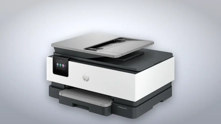 HP OfficeJet Pro 8125 seen from the front left, showing the touchscreen, the HP logo on the white front and the paper tray below