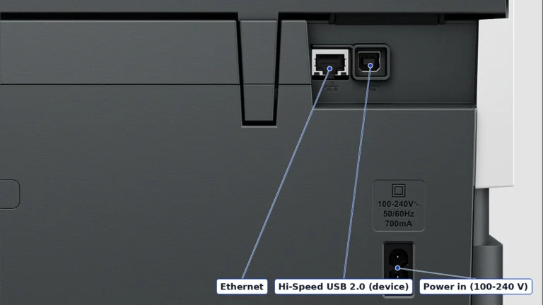 Close-up of the HP OfficeJet Pro 8125 rear panel with labels for the Ethernet port, the Hi-Speed USB 2.0 device port and the power inlet
