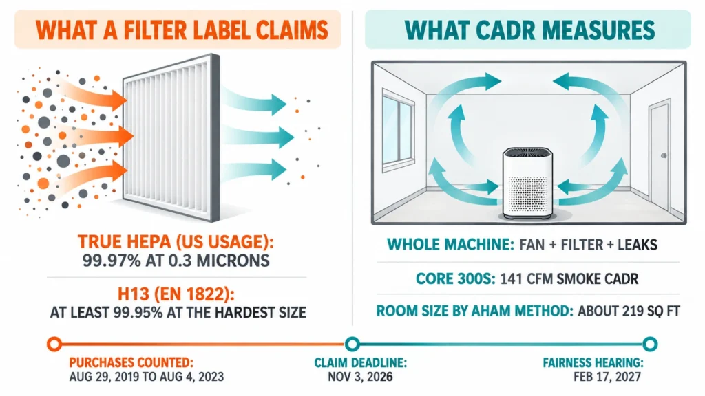 Diagram showing that a filter label claims an efficiency for one pass of air through the filter, while CADR measures the clean air the whole purifier delivers to a room, with the Levoit settlement dates alongside.
