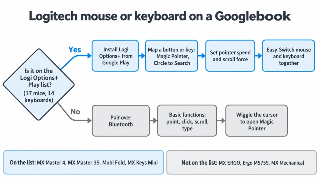 Flowchart of what a Logitech mouse or keyboard can do on a Googlebook with Logi Options+ installed and without it.