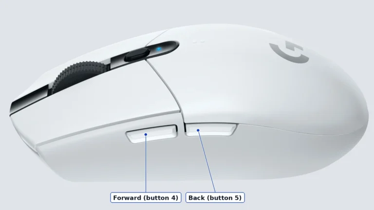 Left side of a white G305 LIGHTSPEED with the forward and back side buttons labeled