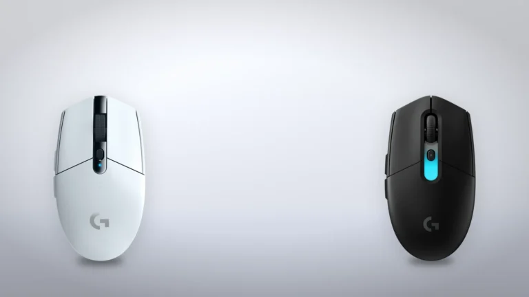Top view of a white Logitech G305 LIGHTSPEED next to a black G305 X SUPERLIGHT, showing the shape the two mice share