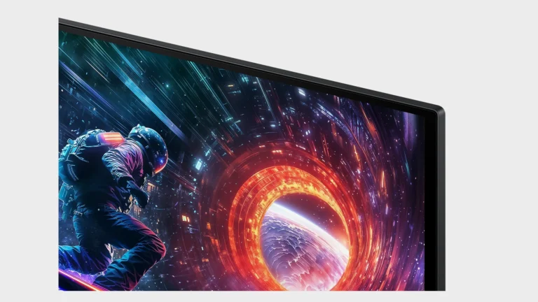 Close view of the top right corner of the Samsung Odyssey OLED G5 G50SF, showing the thin bezel and the screen surface