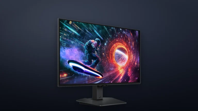 Samsung Odyssey OLED G5 G50SF seen at an angle from the right, showing a colourful space scene on screen against a dark blue backdrop
