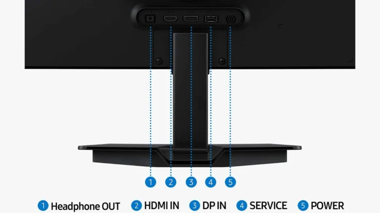 Rear of the Samsung Odyssey OLED G5 G50SF with numbered labels for Headphone OUT, HDMI IN, DP IN, SERVICE and POWER under the stand neck