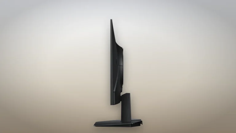 Side profile of the Samsung Odyssey OLED G5 G50SF showing the thin panel, the short fixed-height stand neck and the flat base