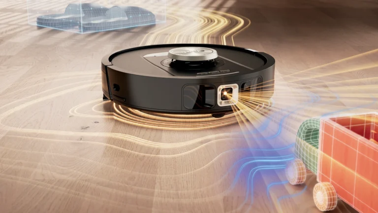 Shark PowerDetect NeverTouch Pro on a wood floor with drawn sensor lines reaching toward a toy truck shown as a wireframe